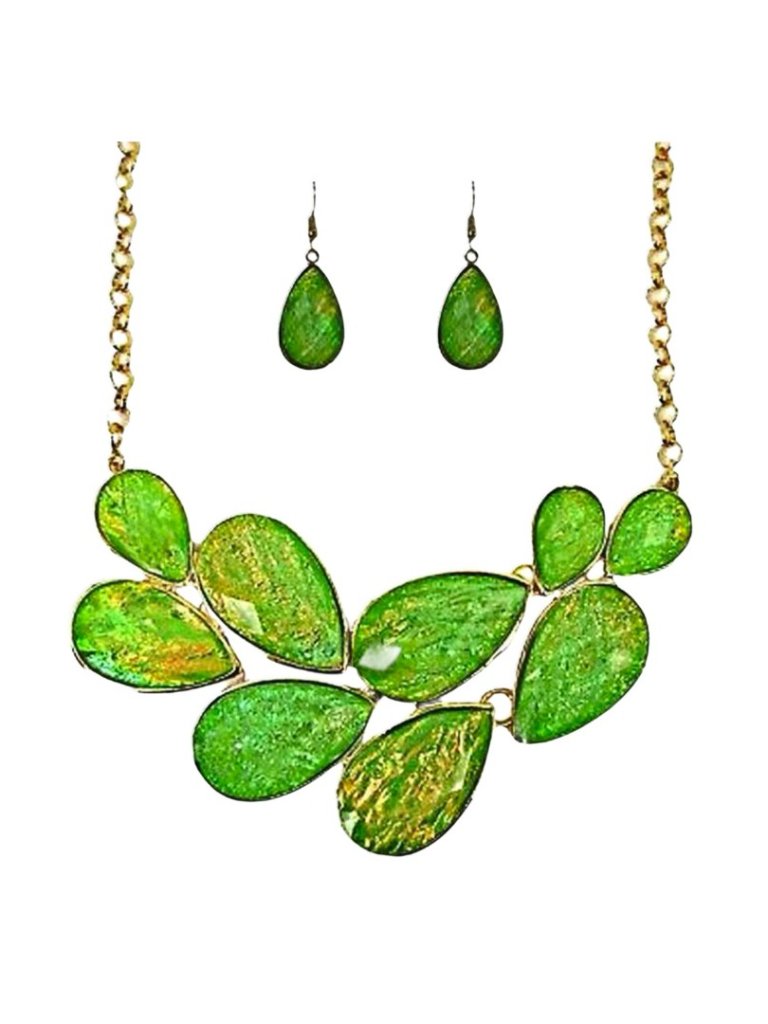 Green And Gold Sparkly Statement Necklace Earring Set W Teardrop Settings New 17$